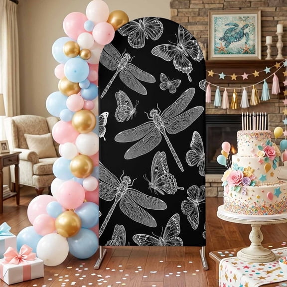Black and White Wings Arch Backdrop Covers 4 FT, Flying Dragonfly Butterflies Dark Animal Stretchy Fitted Arched Stand Covers Party Arch Stand Cover Photo Booth for Wedding Birthday Decor