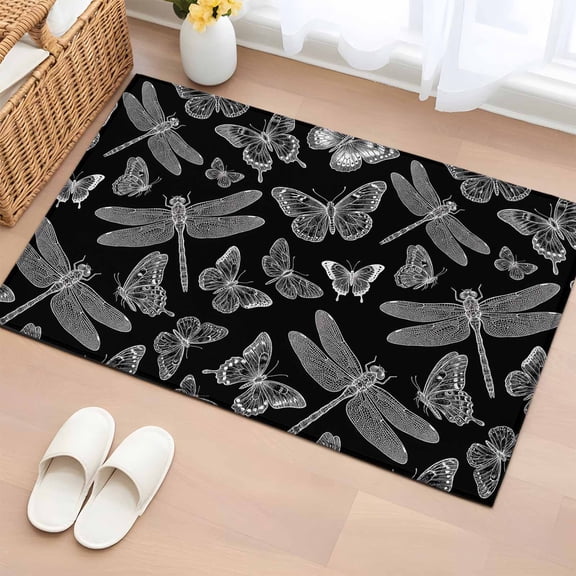 Black and White Wings Entryway Rug 2'x3' Flying Dragonfly Butterflies Dark Animal Small Area Rug Non-Slip Front Door Mat Washable Floor Carpet for Indoor Entrance Kitchen Bathroom