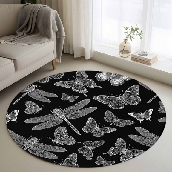 Black and White Wings Round Rugs for Living Room 3ft Flying Dragonfly Butterflies Dark Animal Non Slip Circle Rug Washable Low-Profile Indoor Carpet for Bedroom, Dining Room, Bathroom