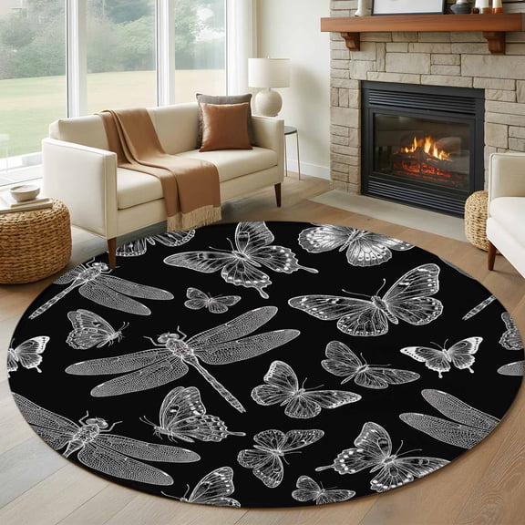 Black and White Wings Round Rugs for Living Room 7ft Flying Dragonfly Butterflies Dark Animal Non Slip Circle Rug Washable Low-Profile Indoor Carpet for Bedroom, Dining Room, Bathroom