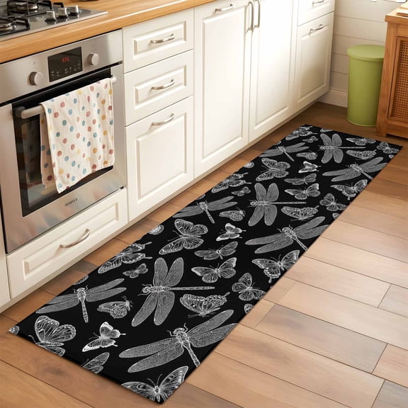 Black and White Wings Runner Rug Non Slip 2x6 Flying Dragonfly Butterflies Dark Animal Washable Rug Runner for Hallways Low Pile Kitchen Rugs Stain Resist Carpet for Bathroom Bedroom Entryway
