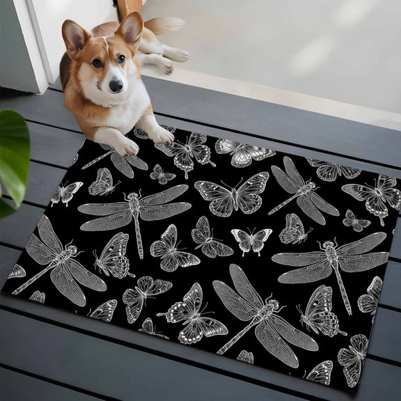 Black and White Wings Small Area Rugs 2x3 Flying Dragonfly Butterflies Dark Animal Entryway Rugs Washable Door Mat, Low-Profile Area Rugs Non Slip Floor Carpet for Living Room Bedroom Home Office