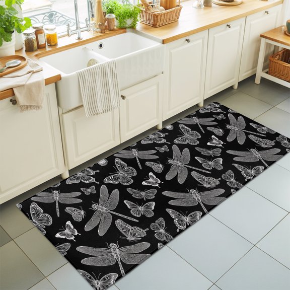Black and White Wings Washable Runner Rugs 2'x6', Flying Dragonfly Butterflies Dark Animal Washable Runner Rug Non-Slip Sturdy Edge Binding Carpet for Bedside Hallway Runner Kitchen Galley