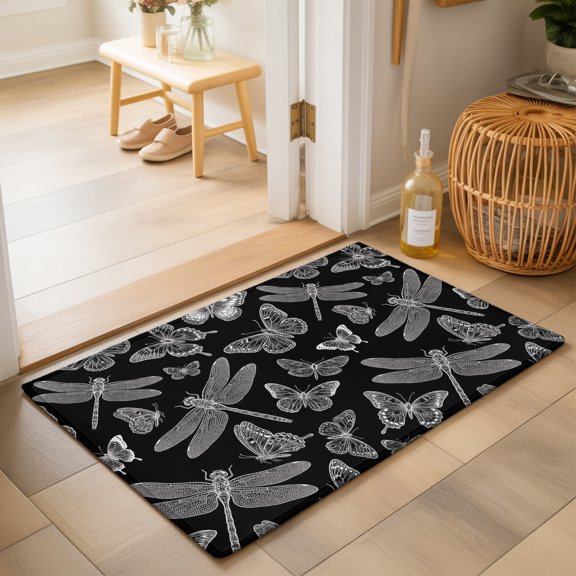 Black and White Wings Washable Small Entryway Area Rugs 2'x3', Flying Dragonfly Butterflies Dark Animal Washable Throw Rug Non-Slip Sturdy Edge Binding Carpet for Front Door Floor Room Entry