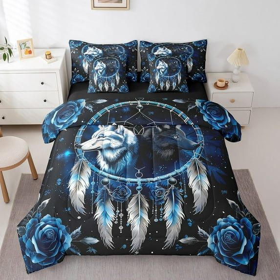 Black and White Wolf Bed in a Bag King Size Comforter Set 7 Pieces,Dream Catchers Sheet Set with Comforter,Boho Feather Blue Rose Bedding Sets,Western Animals Bed Set,Exotic Bohemian Decor