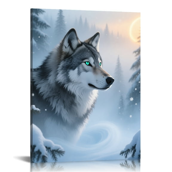 Black And White Wolf Blue Forest Canvas Prints Wall Art for Living Room Bathroom Bedroom Office, Canvas Wall Art, Art Print Painting for Home Decorations