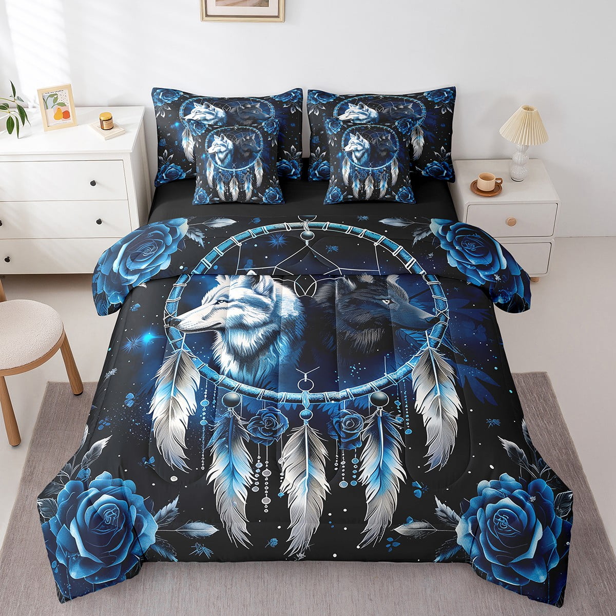 Black and White Wolf Comforter Set 7 Piece Bed in a Bag Twin,Dream Catchers  Sheet Set with Comforter,Boho Feather Blue Rose Bedding Sets,Western  Animals Bed Set,Exotic Bohemian Decor - Walmart.com, image size:1200x1200