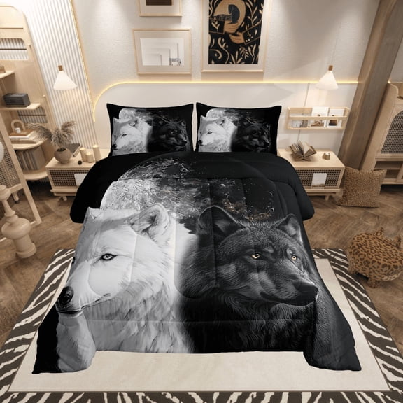 Black and White Wolf Comforter Set for Wolf Lovers Bedding Sets Twin, Moon Wolves Design Bed Comforter Set Adults 3D Digital Animal Duvet Set Soft Microfiber Quilt for All Season