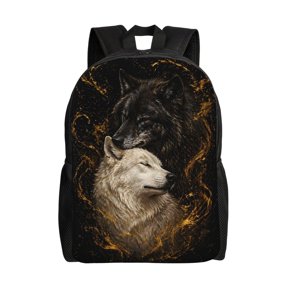 Black White Wolf Couple Backpack Full Front Print Travel Laptop Bag for Men and Women