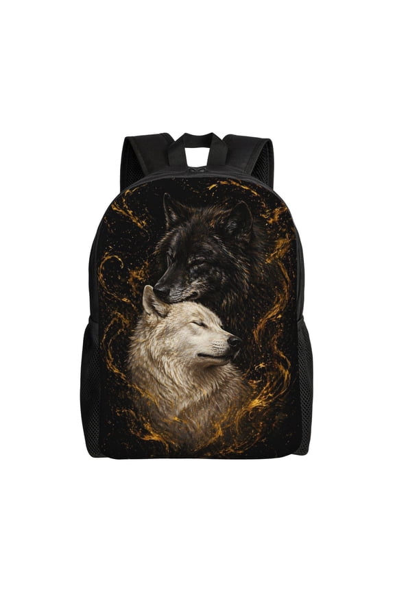 Black White Wolf Couple Backpack Full Front Print Travel Laptop Bag for Men and Women