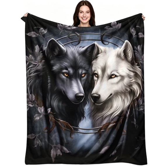 Black and White Wolf Couple Wildlife Pattern, Soft Warm Flannel Fleece, Romantic Aesthetic Gothic, Throw Blanket, Cozy Warm, Home Decor, Sofa Bed, Home Gift
