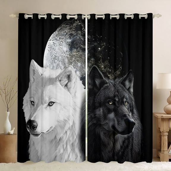 Black and White Wolf Curtains for Wolf Lovers Curtains & Drapes, Moon Wolves Design 30%-50% Blackout Curtains Adults 3D Digital Animal Window Treatments 52''Wx84''L