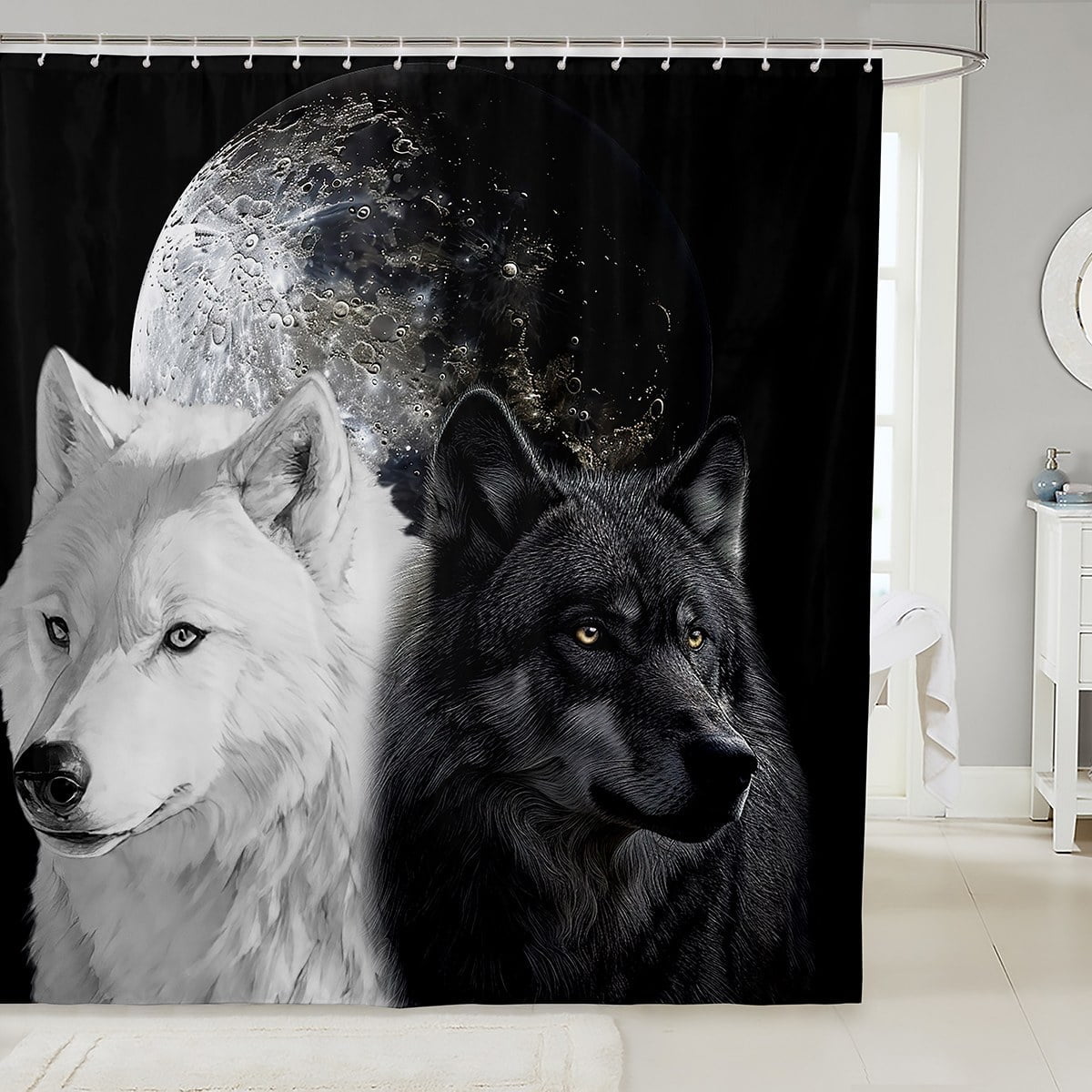 Howling Wolf Shower Curtain with Full Moon 2024 - Wolves Wildlife Bathroom Decor