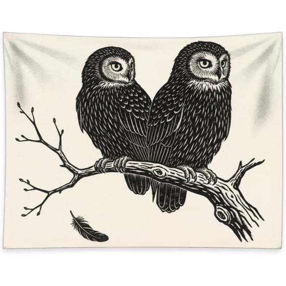 Black White Woodcut Two Owls Art Tapestry Minimalist Wildlife Art Wall Hanging Nature Gothic Inspired Home Decor Boho Aesthetic Tapestry for Bedroom Dorm Living Room Decor 40 x 30 Inch