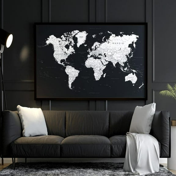 Black & White World Map Wall Art - Poster | Detailed High-Res Map For Poster, Wallpaper, Prints- Wall Art Print, 8x12 UNFRAMED