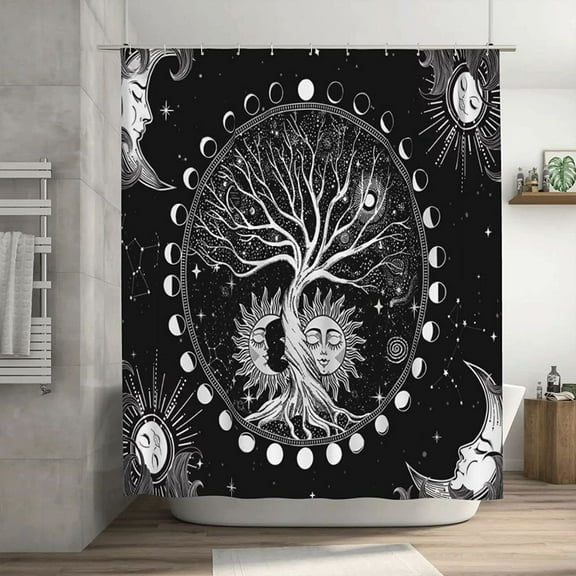 Black and White World Tree Shower Curtain Sun Moon Starry Sky Boho Shower Curtain Set for Bathroom Tarot Modern Farmhouse Fabric Waterproof Aesthetic Bathroom Decor with 12 Hooks 72x72in
