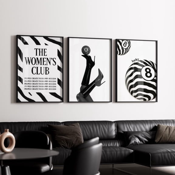 Black White Zebra 8 Ball Y2K Fashion Wall Art Set 3 Unframed Paper Print 20x30