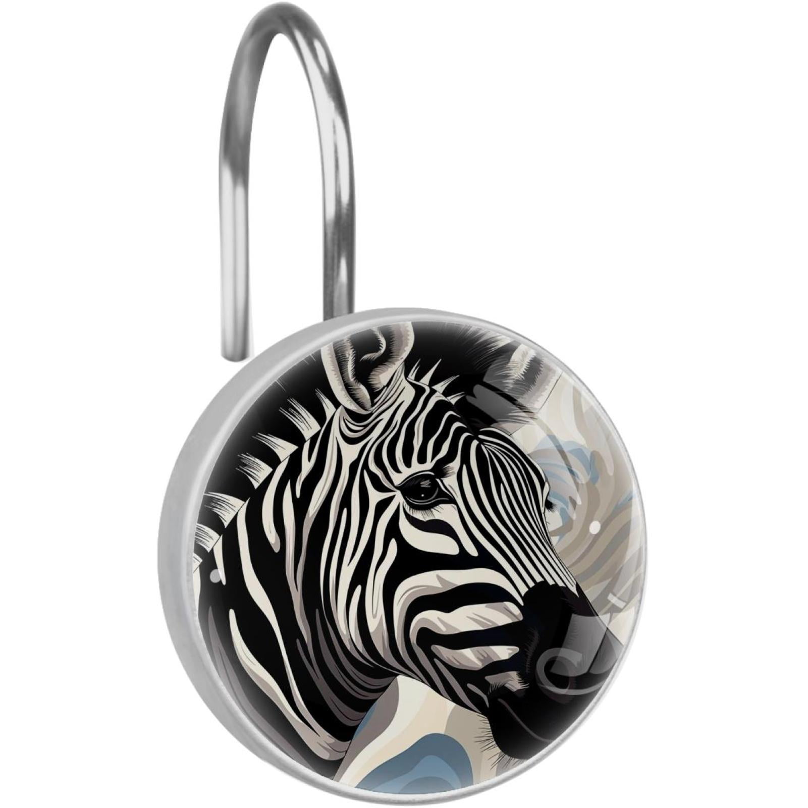 Black White Zebra Animal Shower Curtain Hooks Round Crystal Glass, Set of 12 Shower Curtain Rings - Shower Hooks for Curtain Shower Rings