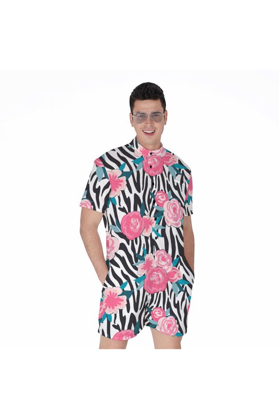 Black White Zebra Floral Pattern Short Sleeve Men'S Rompers Casual Summer Jumpsuits Outfit