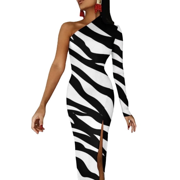 Black White Zebra Long Dress Women Animal Print Party Maxi Dress Autumn Long Sleeve Elegant Bodycon Dresses Side Split Clothing