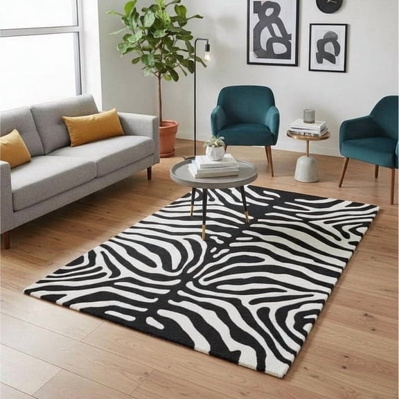 Black & White Zebra Pattern Premium Wool Area Rug  Handmade Animal Print Carpet for Contemporary Living Room, Bedroom and Home Decor (6' x 9' Rectangular)