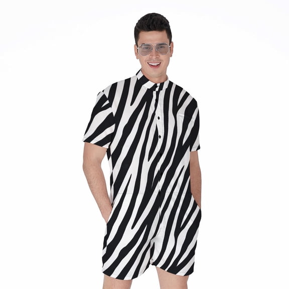 Black White Zebra Pattern Short Sleeve Men'S Rompers Casual Summer Jumpsuits Outfit