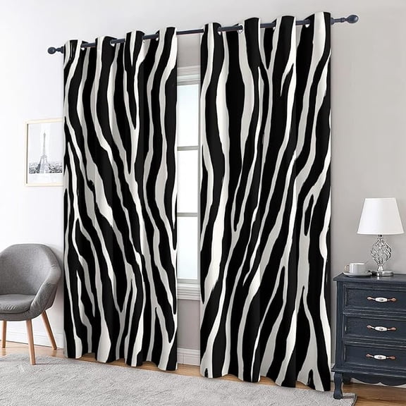 Black White Zebra Striped Blackout Curtains, Zebra Print Curtains for Bedroom Living Room - Animal Print Decor Window Treatments, Grommet Drapes 42"W x 96"L (Pack of 2)