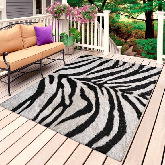 Black White Zebras Outdoor Rug 3x5 Ft, Non Slip Washable Area Rug, Vintage Abstract Art Patio Rugs Carpet Runner, Large Floor Mat for Indoor/Outdoor Deck Porch Camping