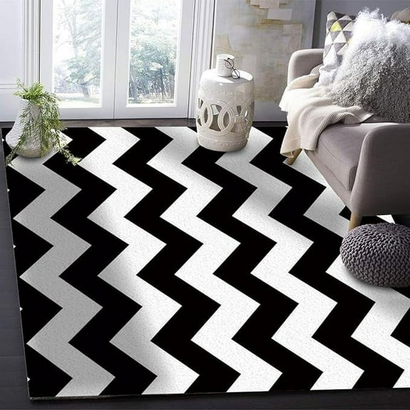 Black And White Zig Zag Wave Ripple Printed Area Rugs, Modern And Simple Indoor Non-Slip Rectangle Carpet For Entryway Living Room Classroom Office Kitchen 4 x 6ft