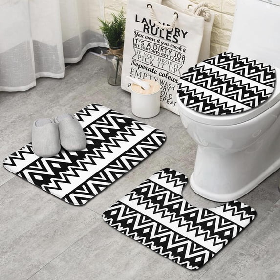Black and White Zigzag Pattern Bathroom Rugs Sets 3 Piece,Toilet Cover Set,Absorbent Non Slip Bathroom Mats Sets with U-Shaped Contour Rug Toilet Rug Set