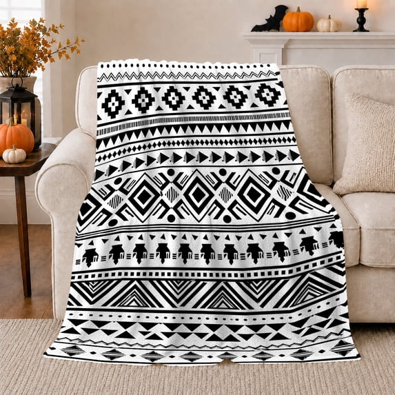 Black White Zigzag Triangle Diamond Circle Geometric Band Pattern Flannel Blanket For Pattern Fans, Cozy Black Home Decor For Bedroom Living Room Housewarming Gift