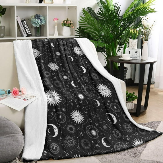 Black White Zodiac Sun Moon Pattern Blanket,Comfortable Soft Lamb Wool Throw Blanket,All Season,Warm Lightweight Blankets for Sofa Bed Couch Living Room Chair,60"x80"