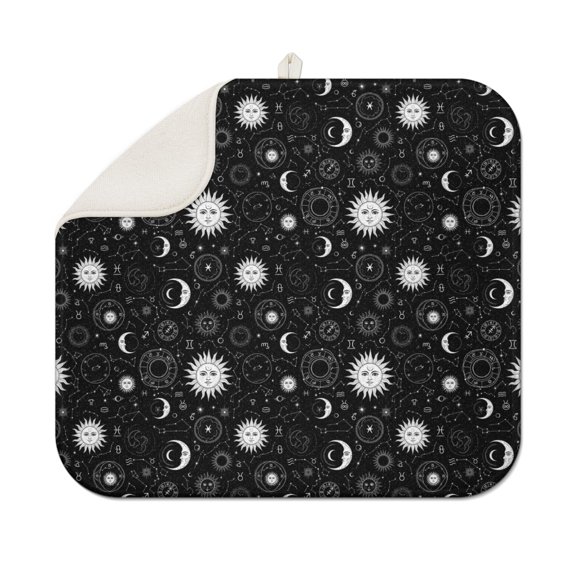 Black White Zodiac Sun Moon Pattern Dish Drying Mat for Kitchen 1 Pack, Ultra Absorbent Microfiber Dishes Drainer Mats,16"x18"