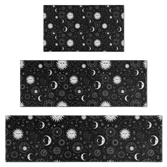 Black White Zodiac Sun Moon Pattern Kitchen Rugs Sets Of 3,Kitchen Runner Rugs Non Skid Washable,Decorative Kitchen Floor Mats for Kitchen,Sink,Laundry,17"x30"+ 17"x47" + 17"x59"