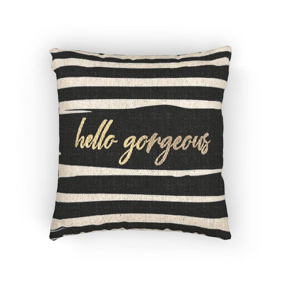 Black, White and Gold Hello Gorgeous Horizontal Stripe Woven Pillow, Cotton-Polyester Shell