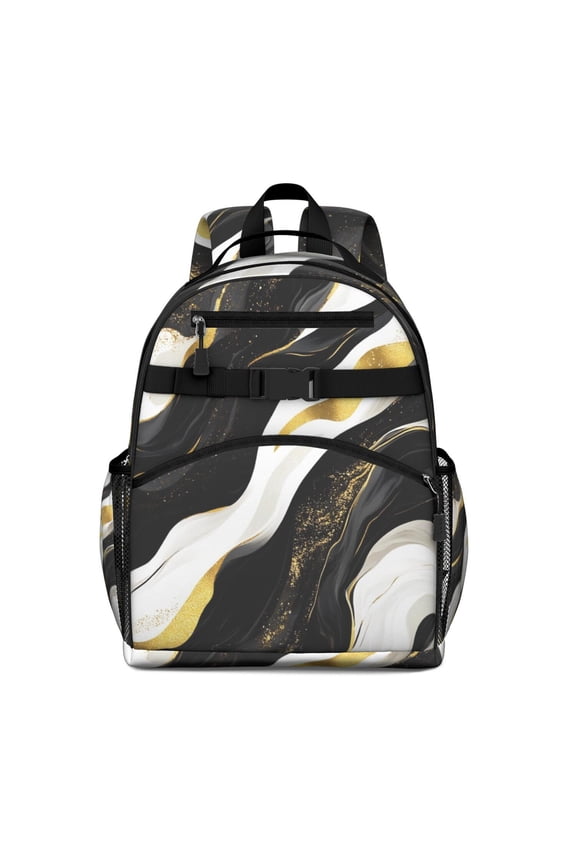 Black White and Gold Marble Backpack for School,Cute School Bag,Schoolbag with Adjustable Shoulder Straps & Padded Back,15.25"x11.5"x5.25"