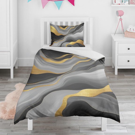 Black White and Gold Marble Duvet Cover and Pillowcase Set for Single Bedding, Bedroom Accessories for Kids Teens