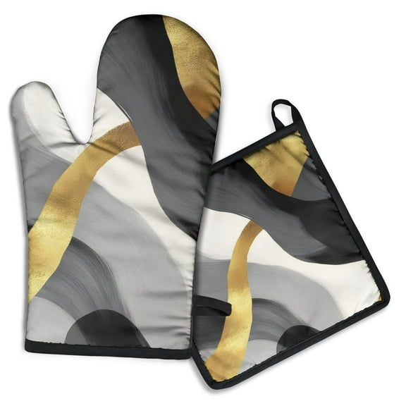 Black White and Gold Marble Kitchen Oven Mitt and Pot Holder Sets 2 Pcs for Baking, Cooking and Grilling, Heat Resistant Up To 392 °F