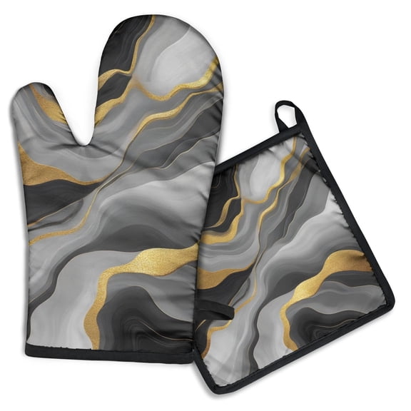 Black White and Gold Marble Kitchen Oven Mitt and Pot Holder Sets 2 Pcs for Baking, Cooking and Grilling, Heat Resistant Up To 392 °F