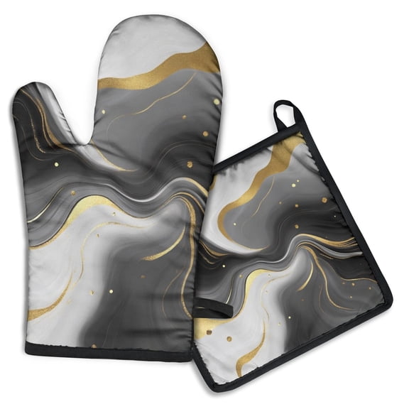 Black White and Gold Marble Kitchen Oven Mitt and Pot Holder Sets 2 Pcs for Baking, Cooking and Grilling, Heat Resistant Up To 392 °F