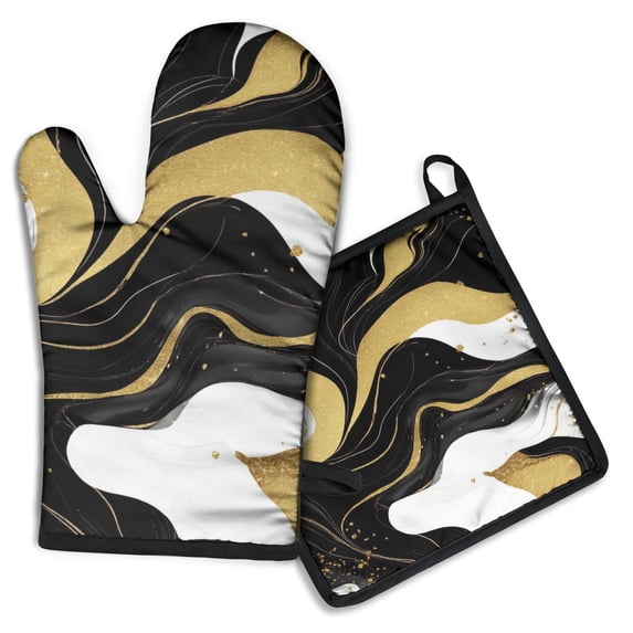 Black White and Gold Marble Kitchen Oven Mitt and Pot Holder Sets 2 Pcs for Baking, Cooking and Grilling, Heat Resistant Up To 392 °F