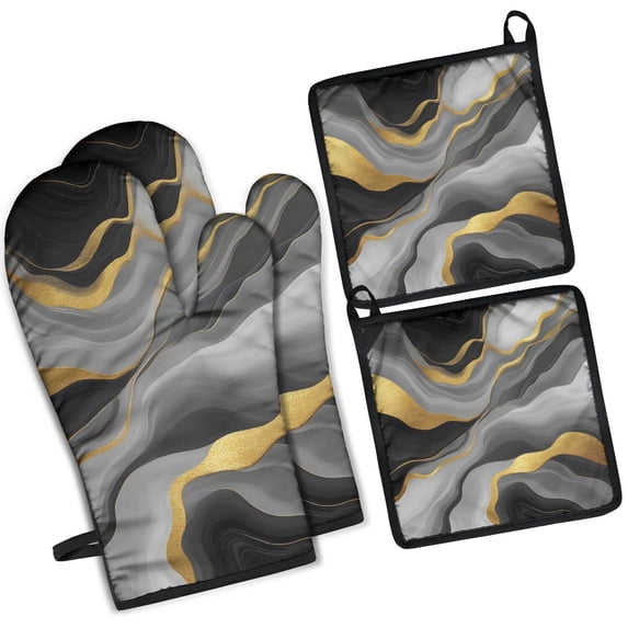 Black White and Gold Marble Kitchen Oven Mitt and Pot Holder Sets 4 Pcs for Baking, Cooking and Grilling, Heat Resistant Up To 392 °F