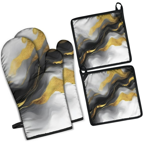 Black White and Gold Marble Kitchen Oven Mitt and Pot Holder Sets 4 Pcs for Baking, Cooking and Grilling, Heat Resistant Up To 392 °F