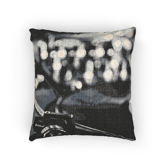 Black, White and Gray Camera and Vinyl Record Decorative Woven Pillow, Photographic Music Studio Style