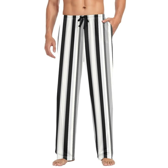 Black White and Gray Stripes Mens Cotton Pajama Pants Long Staple Lightweight Sleep Bottoms with Pockets Breathable