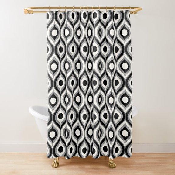 Black, White and Gray Teardrop Geometric Shower Curtain, 100% Polyester, Retro Wavy Oval Pattern