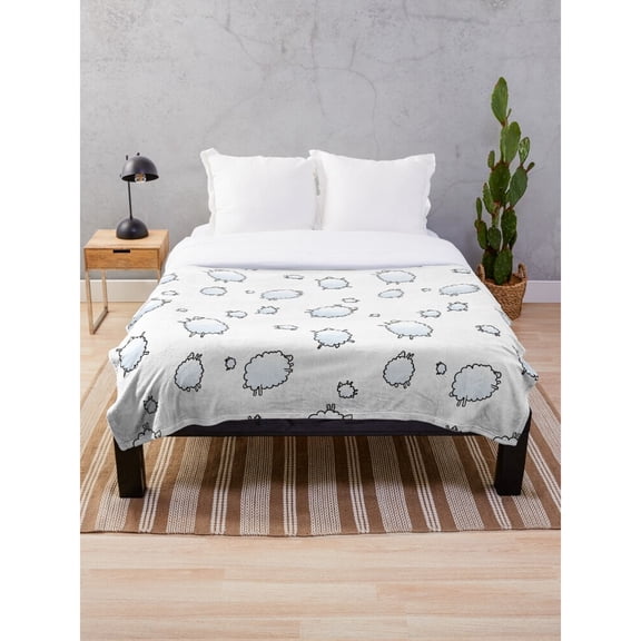 Black, White and Light Gray Sheep Outline Fleece Blanket, 280 GSM Polyester Fleece Fabric, Farmhouse Style for Couch or Bed