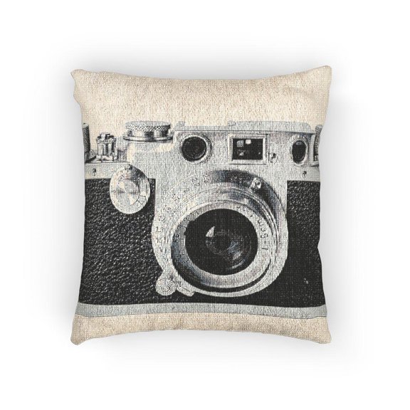 Black, White and Silver Vintage Rangefinder Camera Decorative Woven Pillow, Cotton-Polyester Shell, Photography Decor