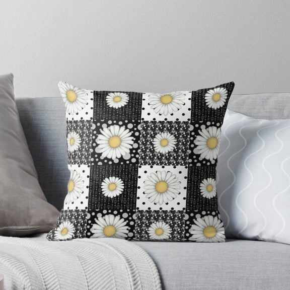 Black, White and Yellow Daisy Patchwork Square Pillow Case, 100% Polyester Velvet, Cottage Floral Decor