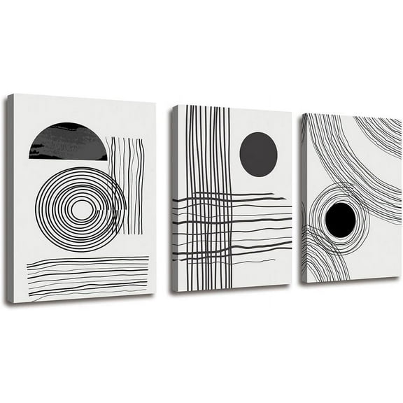 Black and White boho Abstract Wall Art 3 Pieces Stretched and Framed Canvas Painting Geometry Black Stroke Artwork for Home Office Bedroom Bathroom and Living Room Wall Decor Size: 12"x16"x3